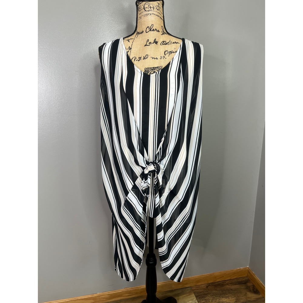 Tie front midi tunic striped high low sheer xl blouse coastal beachy travel vaca
